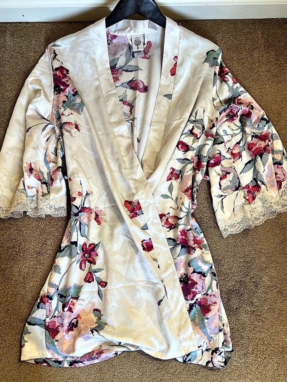 In Bloom by Jonquil Floral Satin Feminine Dollette Wrap Robe with Lace Trim M/L